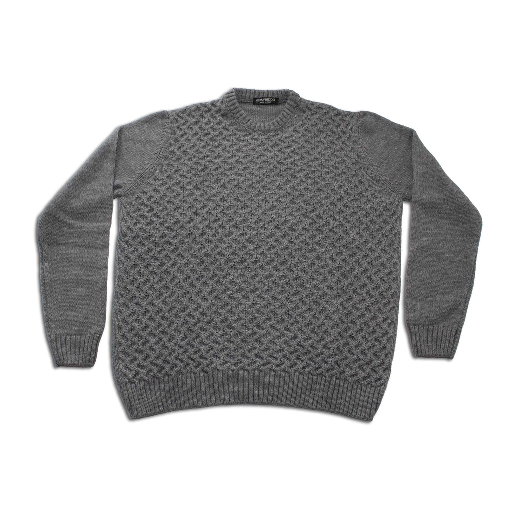 Crew Neck Cable Knit Sweater—Med Grey