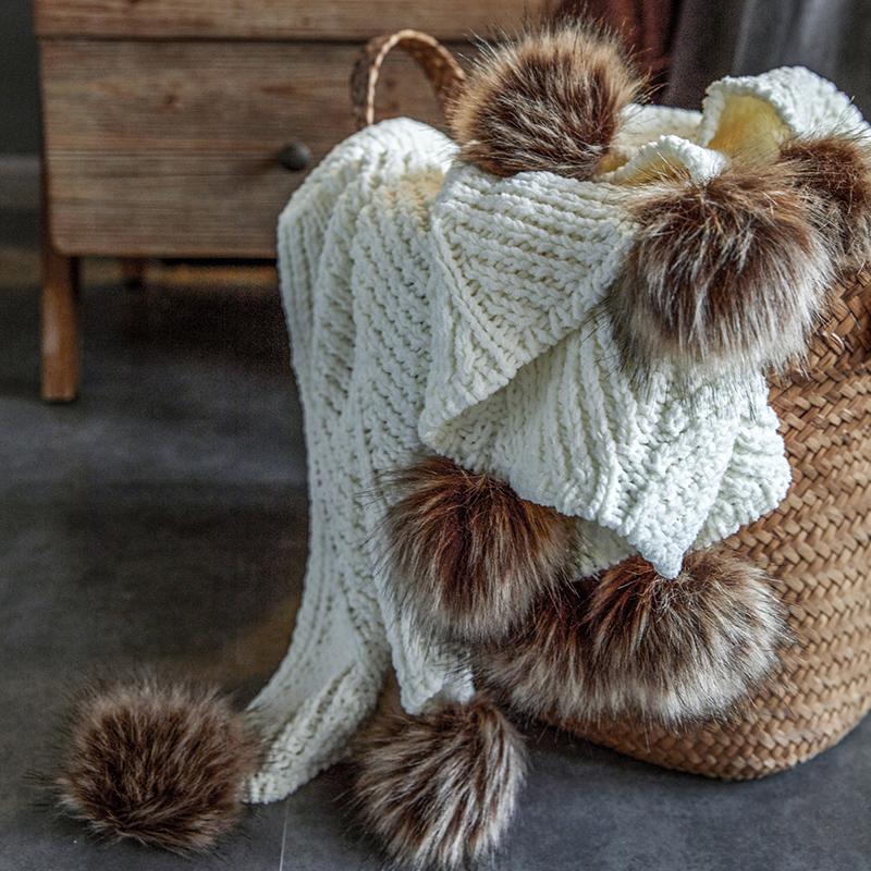 Chenille Throw with Pom Poms - 51"x63"